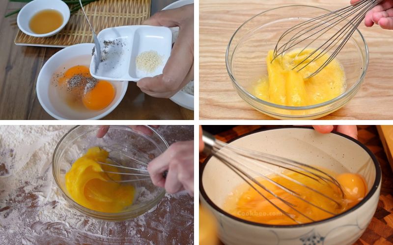 Cho phần lòng đỏ trứng vào tô và đánh tan cùng các gia vị khác