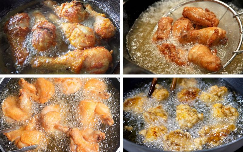 Chiên sơ thịt gà cho đến khi phần thịt săn lại và có màu vàng nhẹ