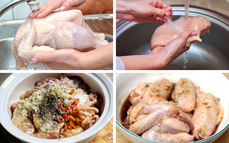 Gà cần được rửa sạch và ướp với các gia vị khác