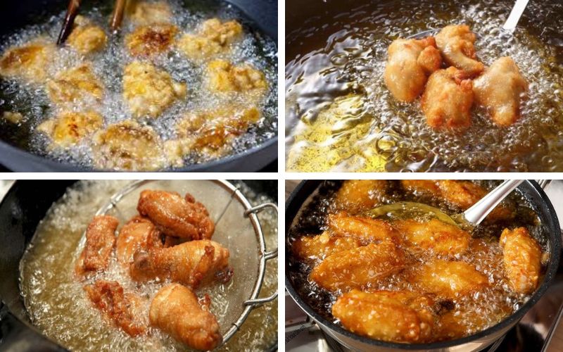 Gà sau khi ướp với gia vị cần được chiên giòn, vàng đều