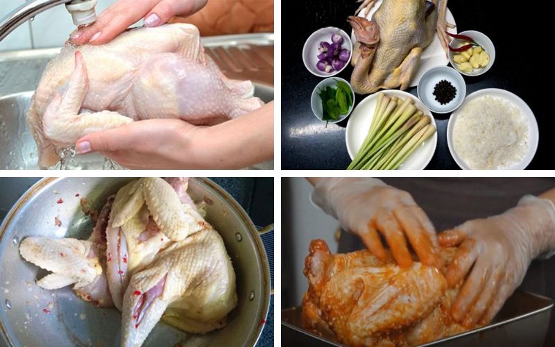 Rửa gà với nước muối, giấm sau đó ướp trong gia vị 30 phút