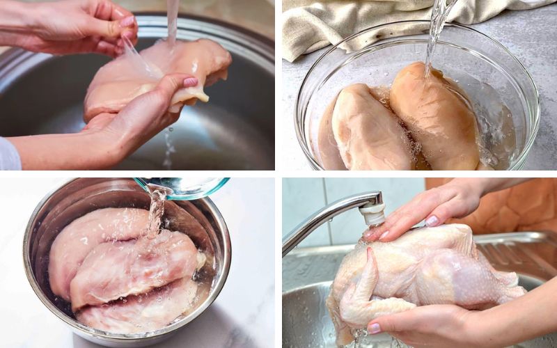 Rửa sạch ức gà với muối loãng để khử mùi sau đó để ráo