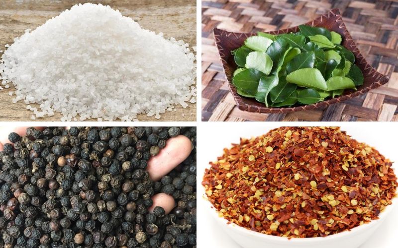 Các nguyên liệu cần chuẩn bị cho món muối tiêu lá chanh