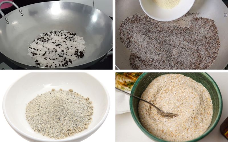Tiến hành rang muối và tiêu sau đó tiến hành xay nhuyễn