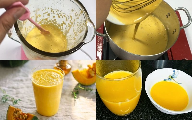 Cho hỗn hợp bí đỏ xay nhuyễn cùng kem tươi và sữa vào