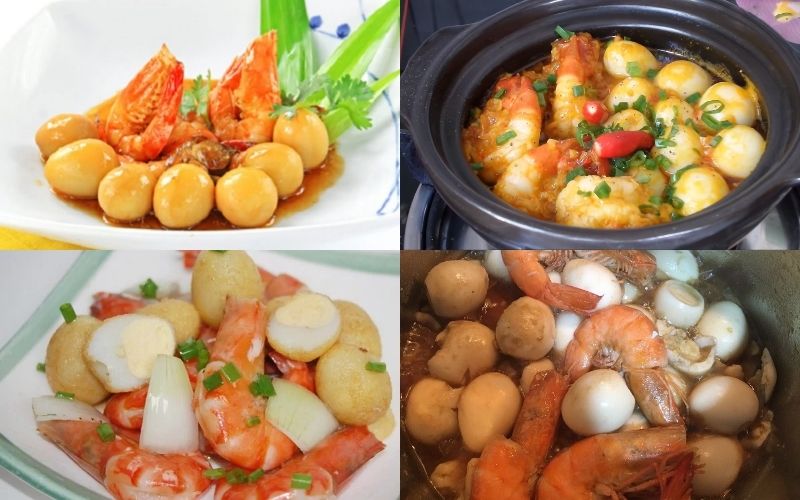 Kho tôm với trứng cút trên nồi