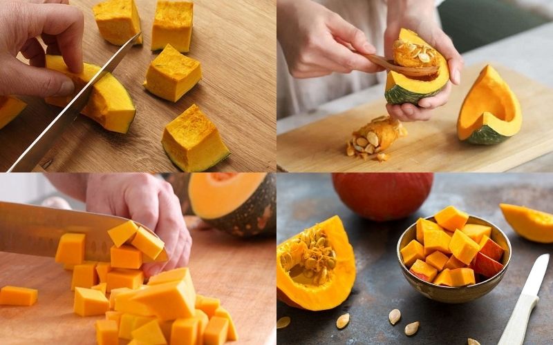 Tiến hành sơ chế bí đỏ, bỏ hạt và rửa sạch sau khi mua về