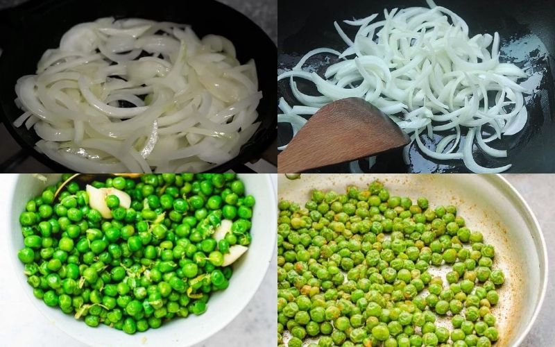 Xào thơm hành tây, tỏi cùng đậu Hà Lan