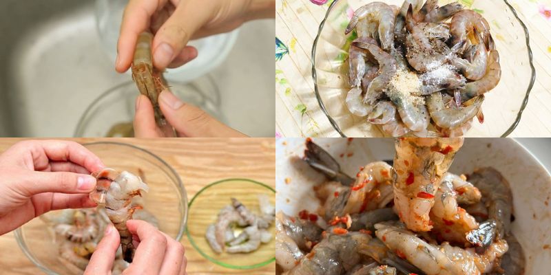 Sơ chế tôm và tẩm ướp nguyên liệu